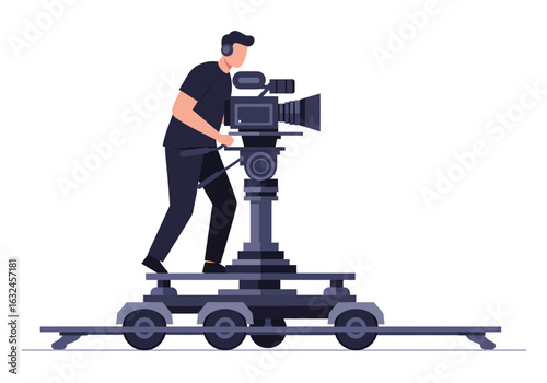Cameraman in dark clothing operating a video camera on a dolly on a white background