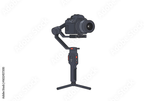 Digital camera mounted on a handheld gimbal with a small tripod base