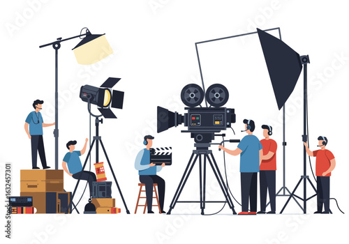 Film crew working with a camera lights and various equipment on a movie set