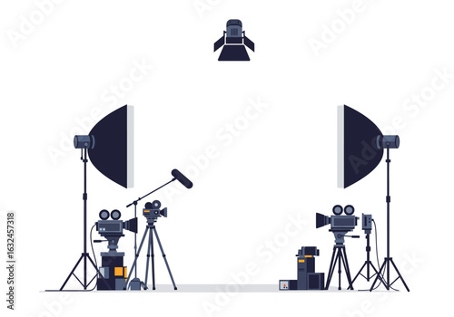 Film studio setup cameras on tripods softboxes lights and sound equipment arranged on a neutral stage