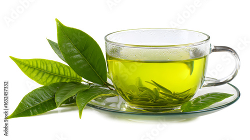 Fresh green tea in a glass cup, leaves and saucer isolated on a white background