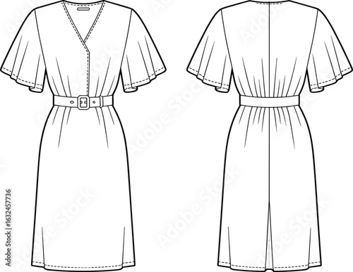 PrintV-neck dress with belt flat, front and back view, flutter sleeves, technical fashion illustration, sewing pattern, garment design, vector sketch