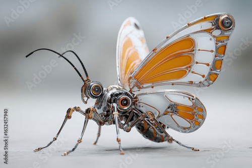 A robotic butterfly with metal wings and mechanical parts stands on a light gray surface