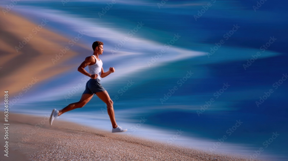 Fototapeta premium Runner on beach, sand flying, background blurred in motion