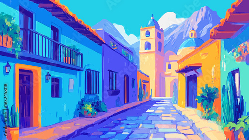 Colorful houses line a picturesque street leading to a church, evoking the charm of a traditional Mexican town