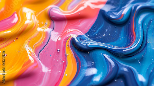Vibrant abstract painting with swirling colors of pink, orange, blue, and yellow, showcasing a dynamic texture and fluid motion, perfect for artistic expression and creative projects