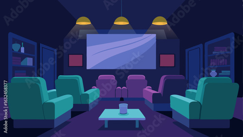 An intimate dimly lit home theater with plush velvet recliners and a large screen for movie nights.