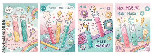 Set of four posters featuring colorful test tubes and playful chemistry doodles in pastel tones
