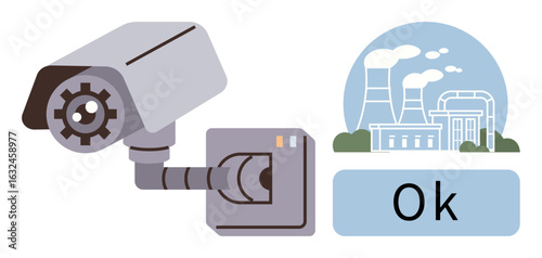 Security camera facing industrial plant with chimneys emitting smoke. OK status implies safe operation. Ideal for environmental safety, security systems, pollution monitoring, factory compliance