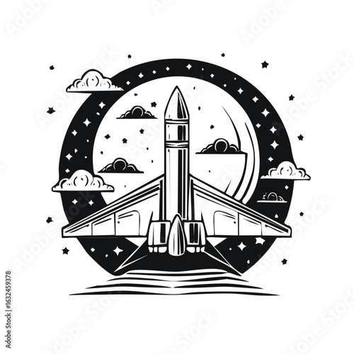 Spacecraft with wings silhouetted by stars and clouds, space travel design