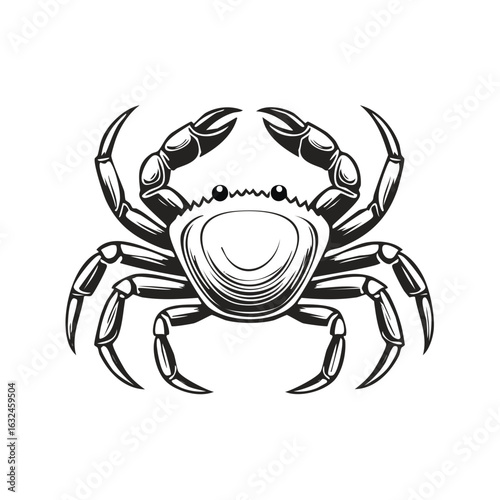 Stylized Black and White Crab Illustration with Claws Raised