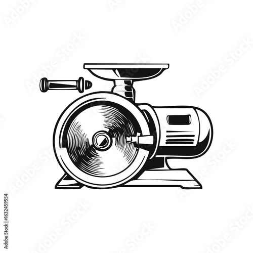 A bold, vector illustration of a meat grinder features a classic design and conveys themes of butchery and food processing.