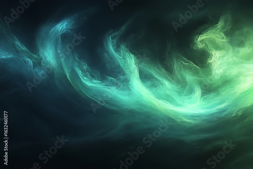 Ethereal nebula swirls of turquoise and emerald green light dance in the cosmic darkness