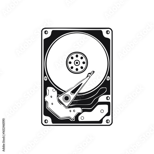 Open hard disk drive internal components black and white vector illustration