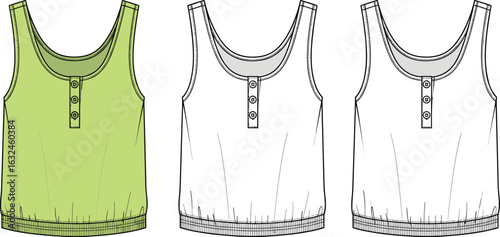 PrintWomen's sleeveless henley tank top flat sketch, front view, casual summer top design, fashion technical drawing for clothing template