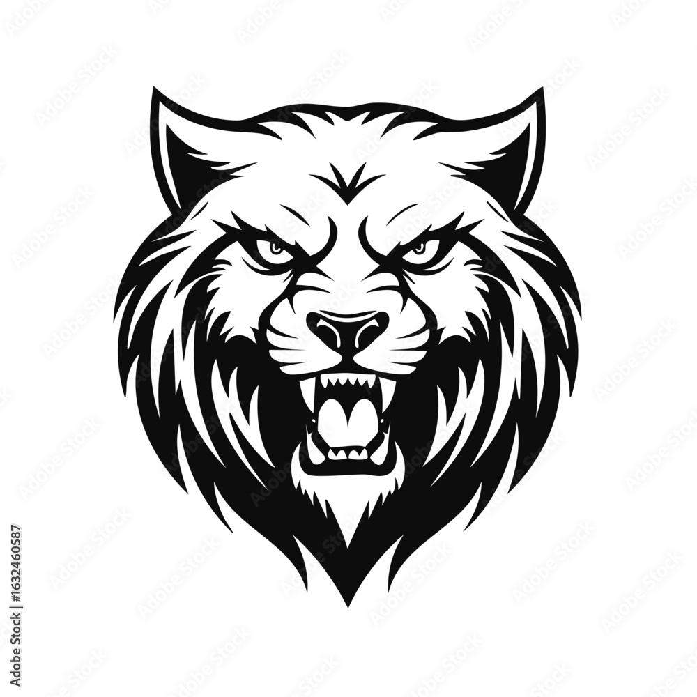 Fototapeta premium Angry wolf head mascot snarling with fangs bared in a black and white graphic illustration