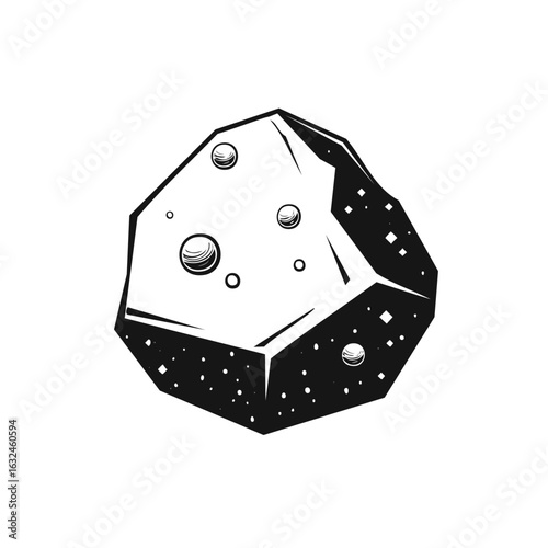 Stylized Asteroid with Craters and Star Field in Black and White