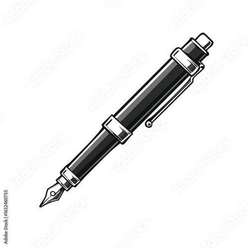 Classic black fountain pen with a metal nib vector illustration in a vintage monochrome comic style