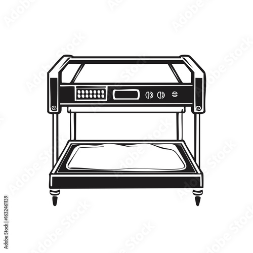 Stylized black and white illustration of a modern food warming or display unit