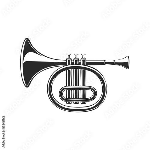 Classic brass wind instrument illustration featuring a stylized French horn or cornet design