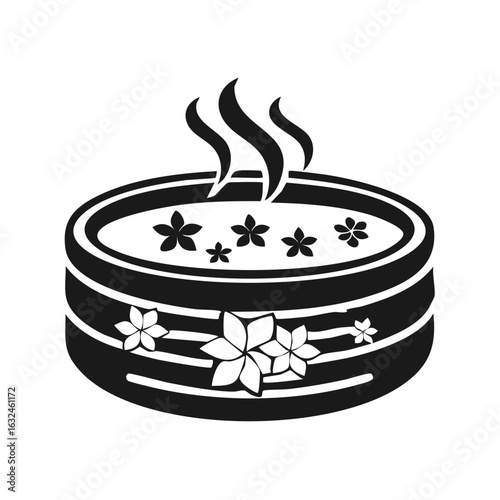 Japanese onsen hot spring tub with steam and floating sakura flowers vector icon.