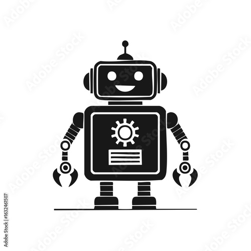 Friendly vintage robot with antenna, circular eyes, and gear emblem on chest.