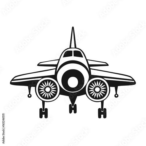 Black and white vector icon of a futuristic jet airplane shown from the front with landing gear down