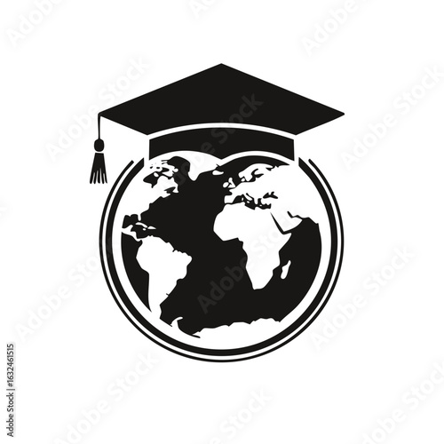 Graduation cap on world globe, education icon, global learning symbol, vector