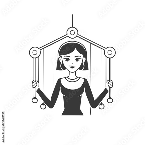Conceptual illustration of a woman as a marionette puppet symbolizing control and manipulation