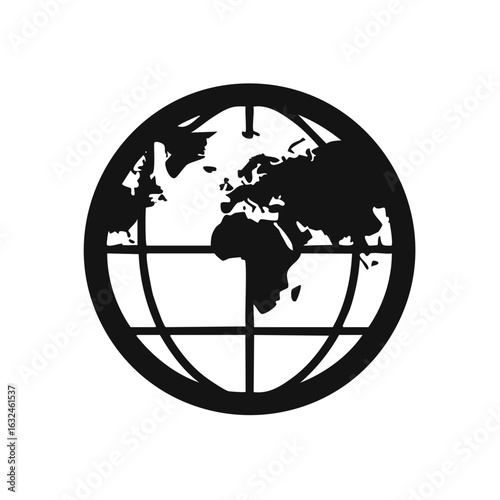 Black silhouette of the Earth with continents and meridians against a white background