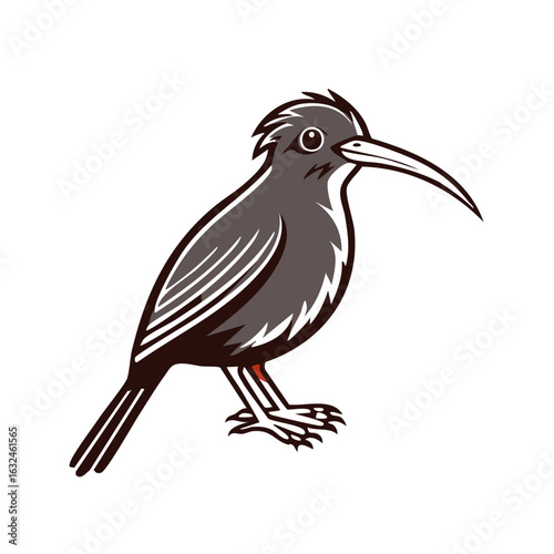Stylized bird illustration with long curved beak and crest standing in profile
