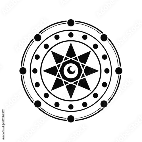Mystical heptagram symbol with all seeing eye and moon in a circular magic seal