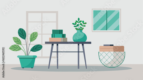 A mix of natural and modern elements in the decor such as a potted plant on a sleek metal side table or a woven basket on a white lacquered shelf.