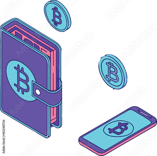 Isometric Bitcoin Wallet and Smartphone with Cryptocurrency Coins