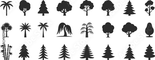 Stylized tree icons collection with palm trees, conifer trees, willows, and deciduous silhouettes for nature, forest, or holiday design