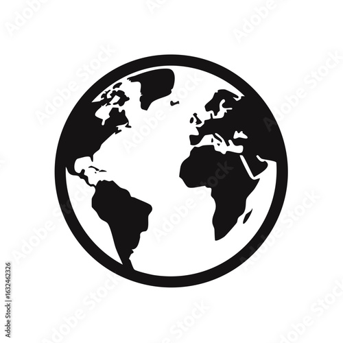 Clean minimalist black and white symbol of the planet Earth representing global connection and geography.