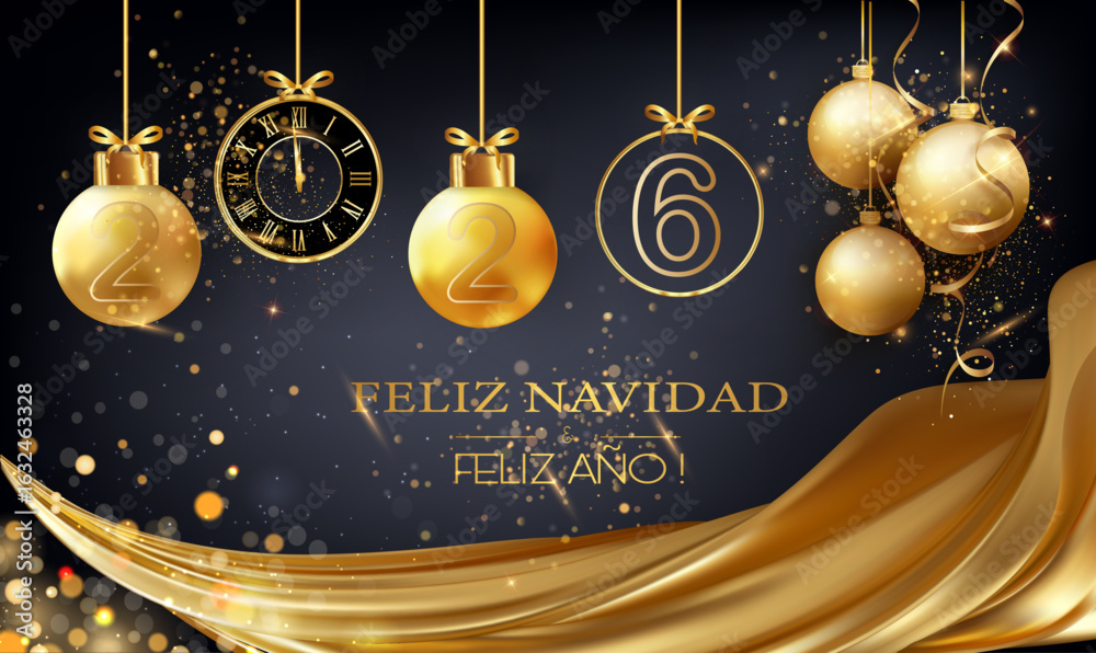 Tarjeta o pancarta para celebrar una Feliz Navidad y un Próspero Año Nuevo 2026 en dorado sobre fondo negro con cortinas, bolas navideñas, purpurina, círculos bokeh y un reloj dorado.
