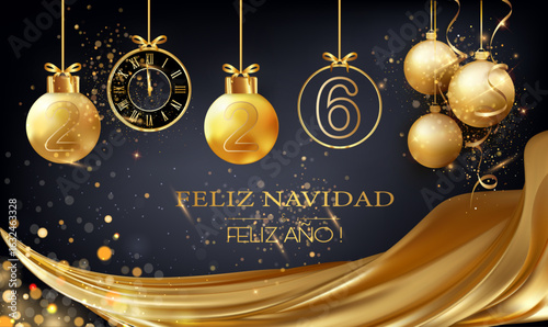 Tarjeta o pancarta para celebrar una Feliz Navidad y un Próspero Año Nuevo 2026 en dorado sobre fondo negro con cortinas, bolas navideñas, purpurina, círculos bokeh y un reloj dorado.