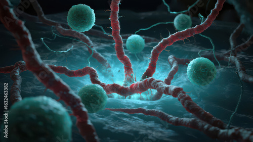 Microscopic View of Cells and Neurons Interacting in a Biological Network