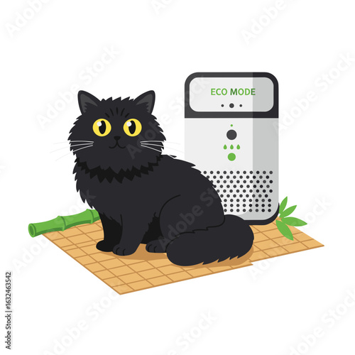  Flat icon of black fluffy cat sitting on bamboo mat near air purifier labeled “eco mode”, isolated