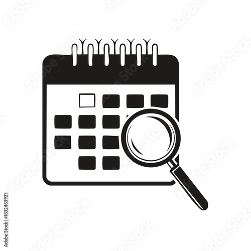 Search on calendar flat icon on white for appointment scheduling or planning