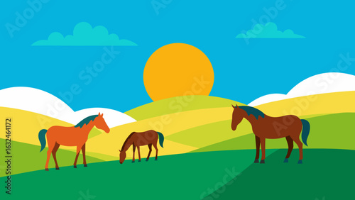 horses grazing sunny open pasture