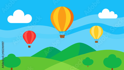 hot air balloons sunny blue sky green