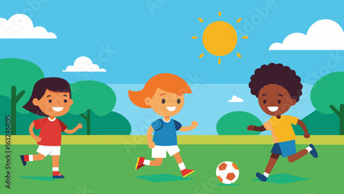 kids playing soccer sunny school field