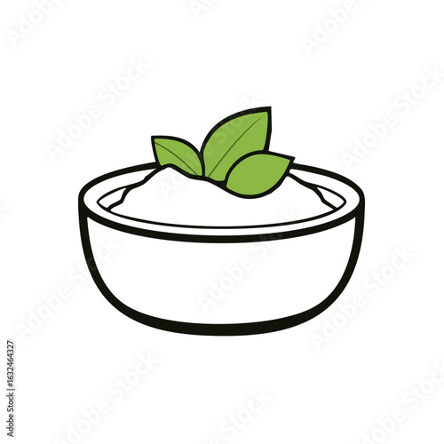 Bowl of white dip garnished with fresh green leaves, vector icon illustration