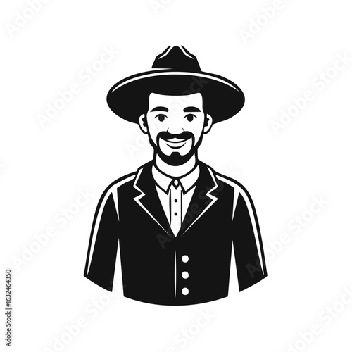 Man Illustration Wearing Traditional Hat and Suit Jacket in Black and White, Isolated on White