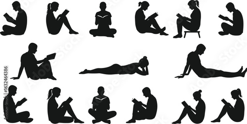 Fourteen reading person silhouettes, seated and reclining positions, book lovers vector, black shapes, ergonomic poses, relaxing illustration, white background