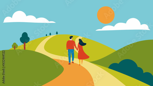 romantic couple sunny hilltop path