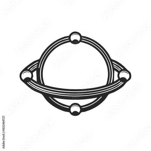 Graphic vector icon of a futuristic planet with orbital rings and moons