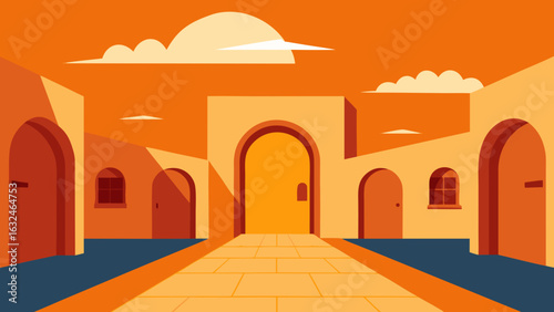 sun soaked courtyard with antique doors 